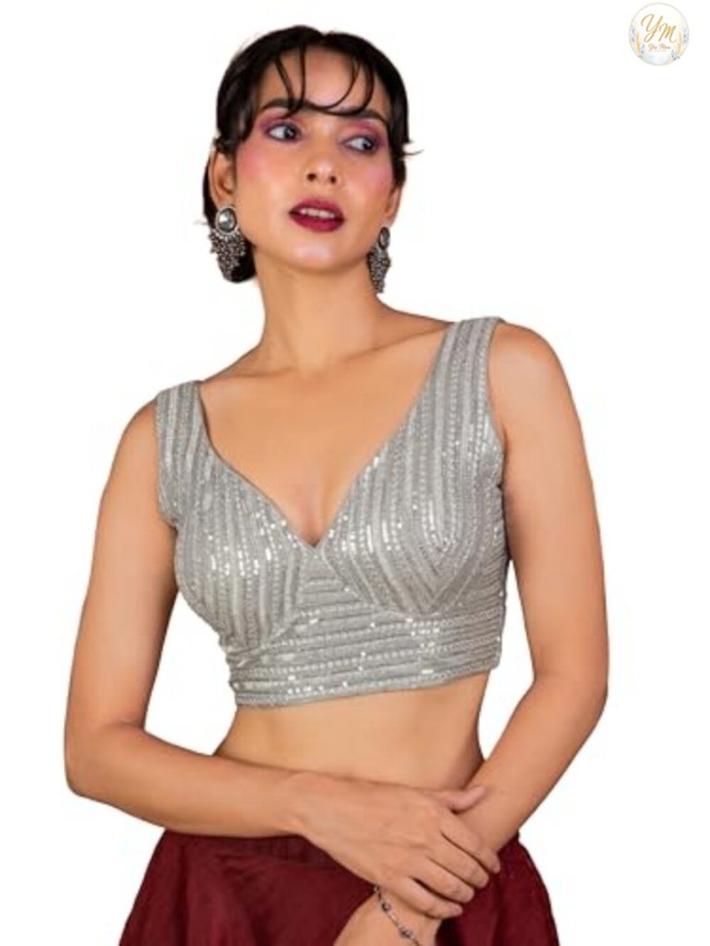 Sequin Embroidered Sweetheart V Neck Sleeveless Readymade Saree Blouse